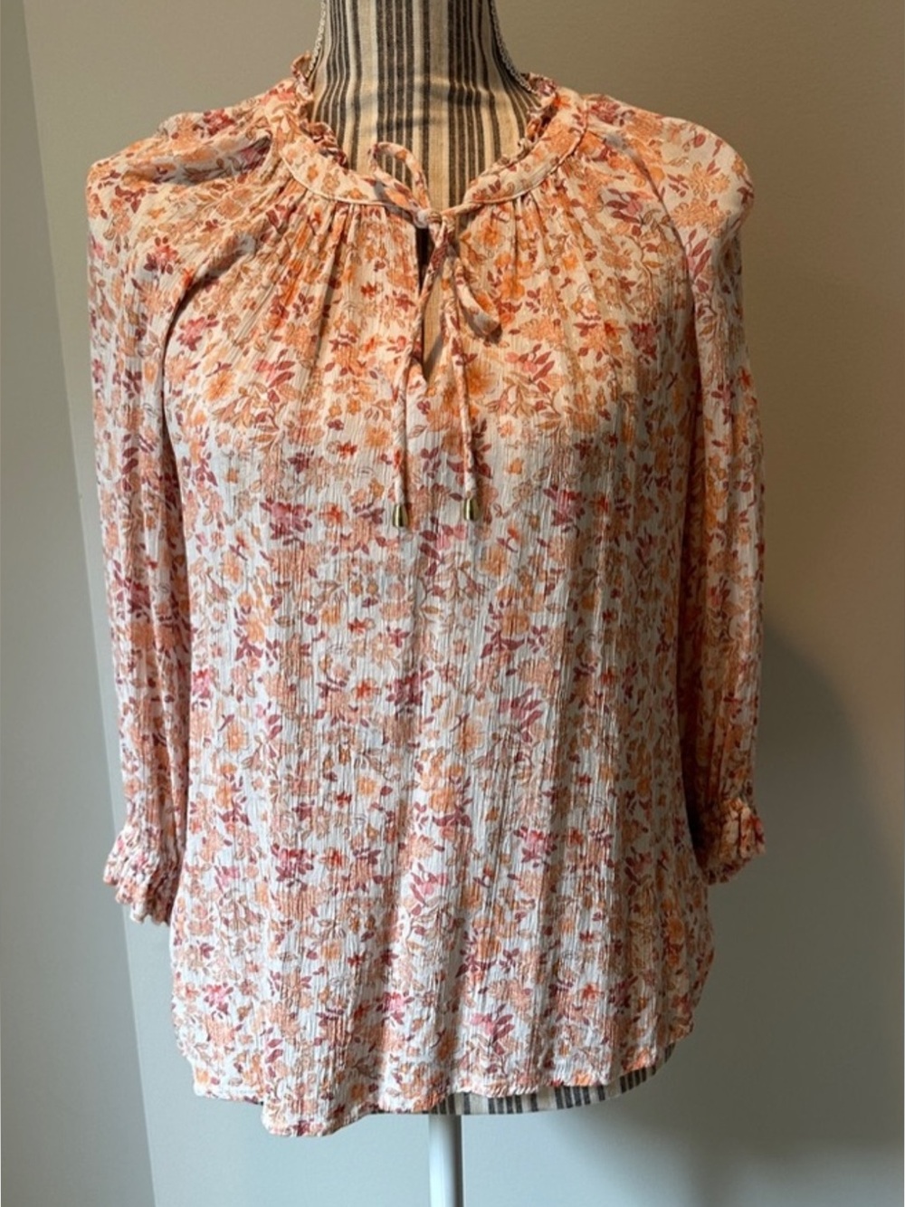 Jolie Peach Floral Tie-Neck Blouse - Fall colors